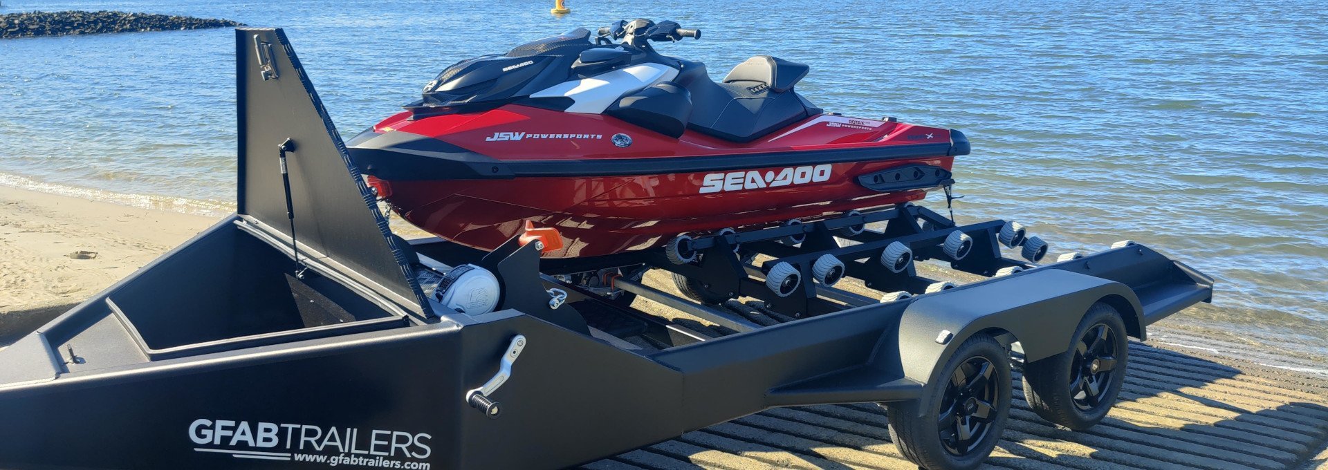 GFAB Alloy Double Sportski Trailer with Sea Doo GTX Jet Skis at Takapuna Boat Ramp