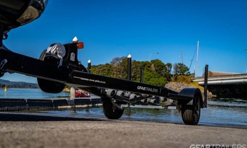 GFAB Alloy Single Black Jetski Trailer - front view with spare wheel
