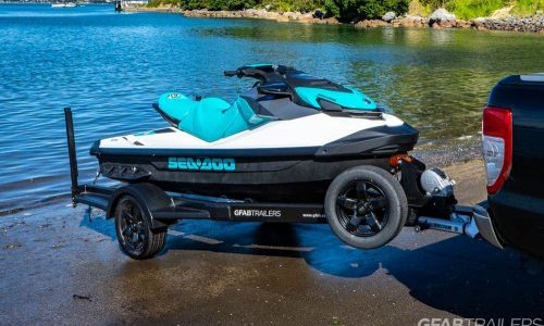 GFAB Alloy Single Black Jetski Trailer - side view with Sea Doo GTI