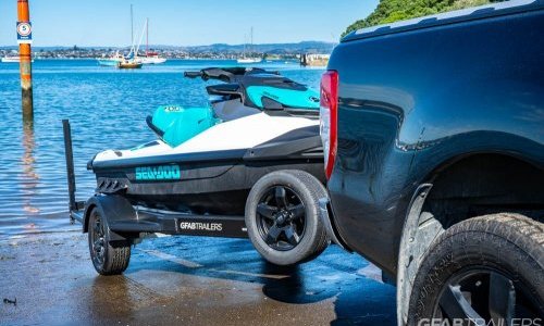 GFAB Alloy Single Black Jetski Trailer - front view with Sea Doo GTI
